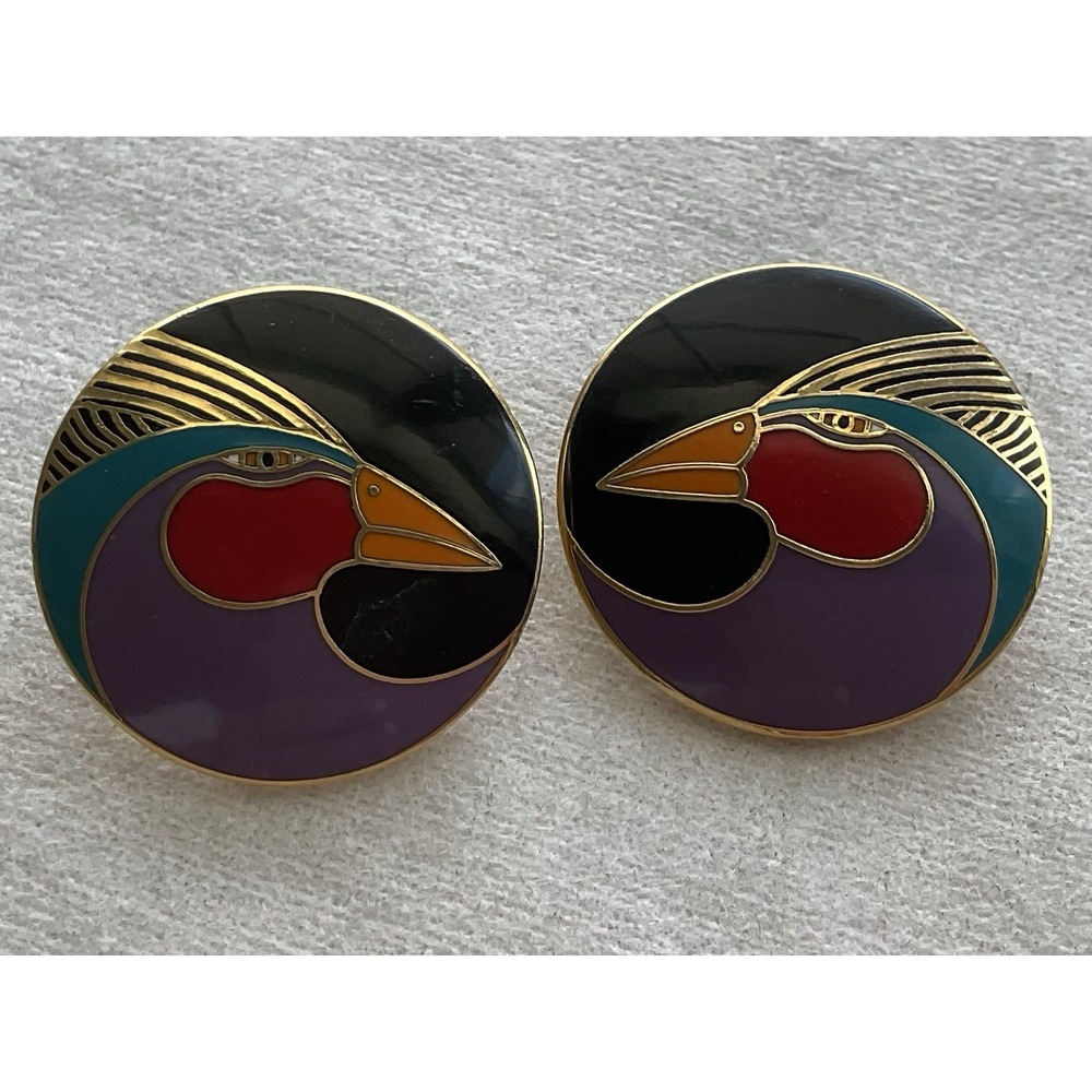 vintage Laurel Burch "Harlequin Bird" enamel earrings Clip Back Estate Jewelry